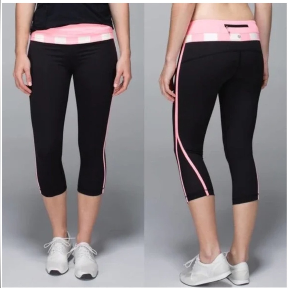 LULULEMON Up To Pace Pink Stripe Waistband Crop Leggings 4